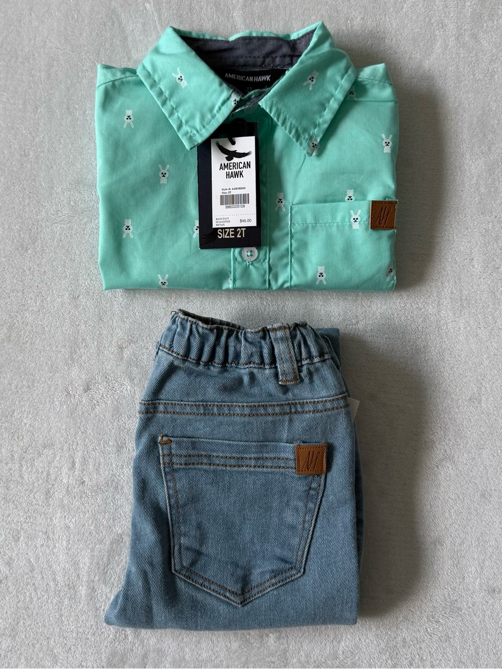 American Hawk Boys 2T Mint Bunny Print Button-Up Shirt & Denim Jeans Boys Set